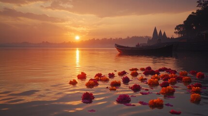 A peaceful image of flower offerings floating on the Ganga at twilight during festive season