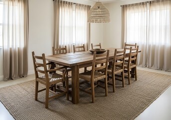 Rustic Dining Room Interior with Wooden Table and Chairs Enhancing a Natural Aesthetic