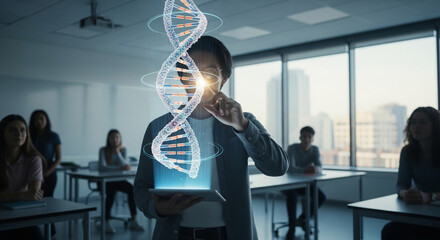Student using a tablet with augmented reality to interact with a 3D DNA hologram, a concept for the future of education and interactive learning.