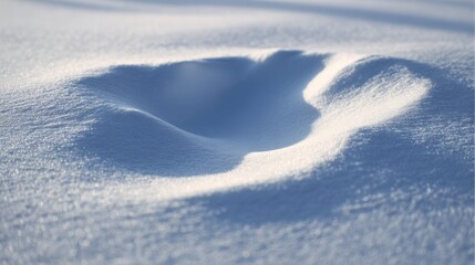 A smooth snow surface with a single, shallow depression body-shaped but with no tracks around it.