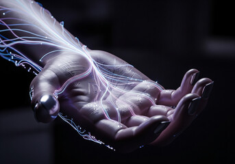 Surreal fusion of human and technology in a realistic cyborg hand with glowing fiber optic veins, representing a futuristic connection and bionic integration.