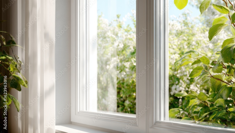 Poster sunlight streams through a bright window, illuminating lush green foliage and creating a tranquil, i