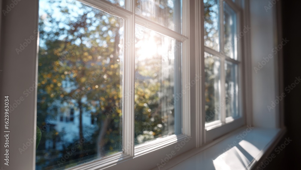 Poster sunlight streams through a multi-paned window, illuminating the interior and offering a glimpse of t