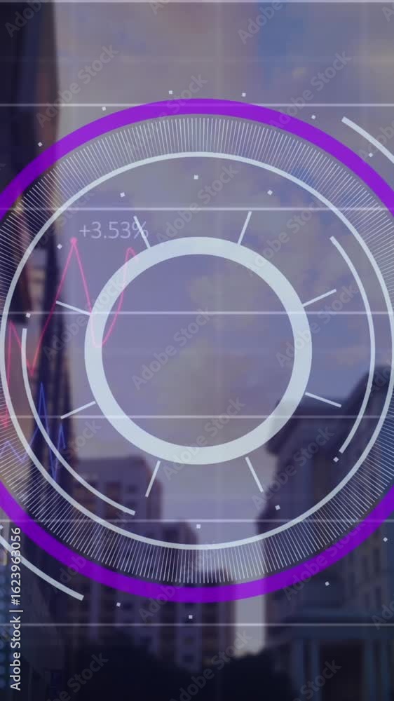 Poster animation of round scanner and statistical data processing against tall buildings