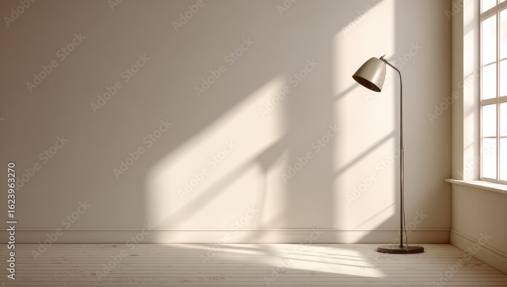 Poster sunlight streams through a window illuminating a minimalist room with a standing lamp casting shadow