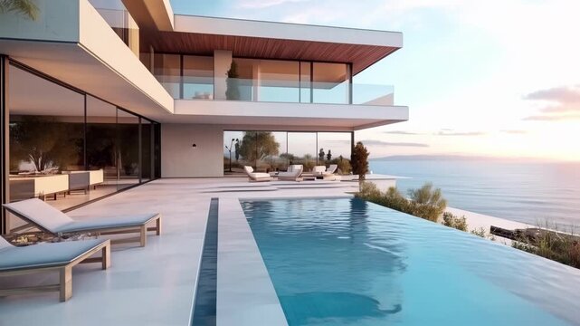 Modern luxury villa with infinity pool overlooking the ocean. Captured at a low angle, perfect for a serene lifestyle video backdrop. Live desktop wallpaper.