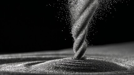 Fine sand pouring from a narrow opening, forming a dynamic conical vortex as it accumulates, with grains spiraling.