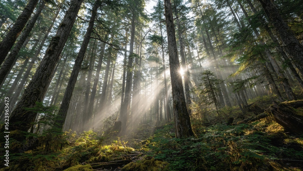 Poster sunlight streams through tall trees in a lush forest, creating a serene and magical atmosphere in th