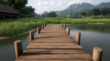 Obraz premium Wooden pier, rural port, lush green grass, calm water, peaceful landscape, summer day