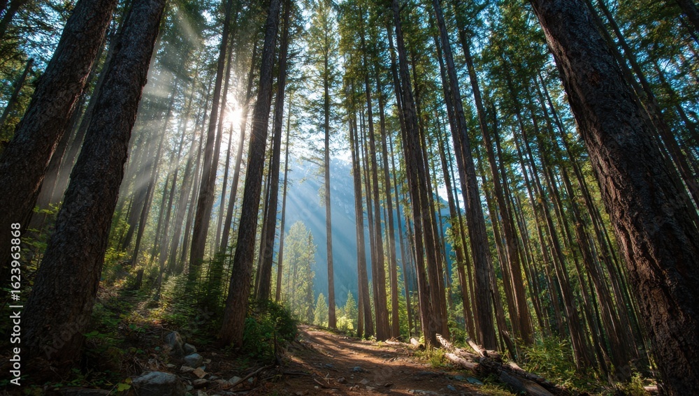 Poster Sunlight streams through towering trees in a tranquil forest, illuminating a peaceful path and creating a serene natural scene.
