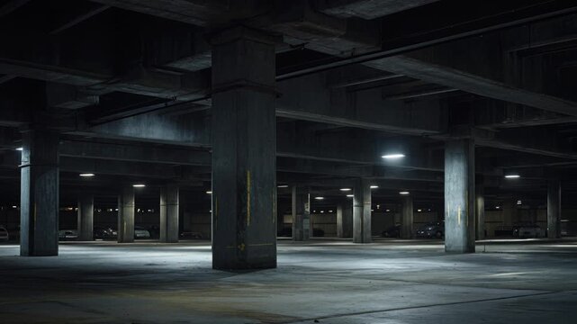 Empty parking garage at night. AI.
