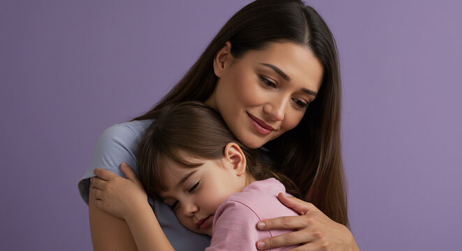 Cena de abraço entre mãe e filha com fundo lilás suave e expressão de proteção Agosto Lilás