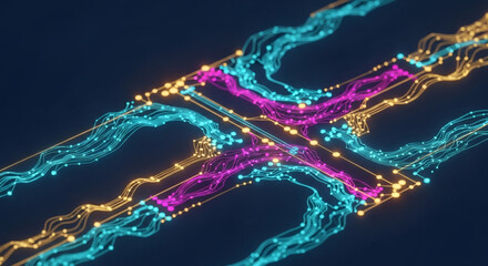 Digital crossroads concept with luminous streams of information, representing complex technological systems and big data.