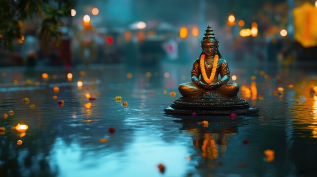 A peaceful moment of Narayana's idol reflecting in water during a festival celebration with glowing accents