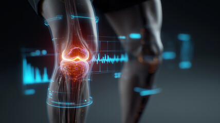 Futuristic depiction of human knee joint with digital interfaces and glowing elements, symbolizing advanced wearable health technology for joint monitoring and enhancement