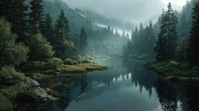 Serene forest landscape with a lake reflecting the trees and mountains