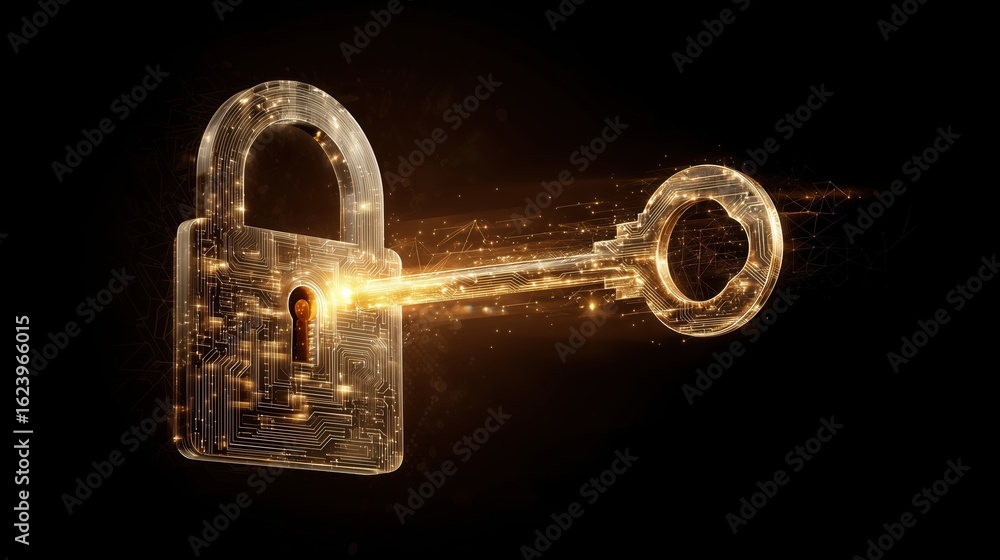 Poster cybersecurity access control permission concept, digital lock and key illustration with glowing futu