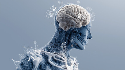 Conceptual image of human head with visible brain, showcasing intricate neural networks and digital elements, symbolizing advanced technology and artificial intelligence
