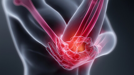 Digital illustration of person experiencing elbow joint pain, highlighting affected area in red to emphasize discomfort