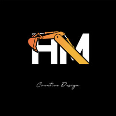 HM Excavator Arm Construction Logo - Bold Industrial Letter mark Design for Heavy Equipment, Contractor Branding & Modern Engineering Identity