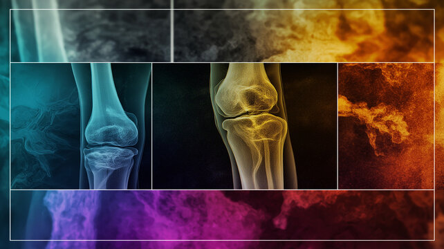 Vibrant and abstract design featuring X ray images of knee joints, surrounded by colorful smoke patterns in shades of blue, orange, and purple, creating dynamic and artistic composition