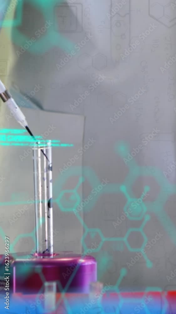 Poster animation of scientific data processing over male scientist with test tubes in laboratory