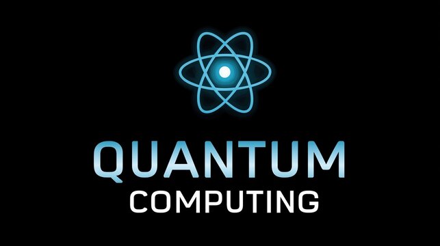 AI Quantum Computing Research and Development concept, Quantum computing logo with an atom symbol on a black background.