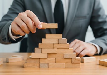Businessman carefully building a pyramid from wooden blocks on a light wood table