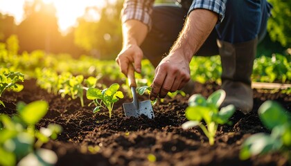 Close-up of hands planting seedlings