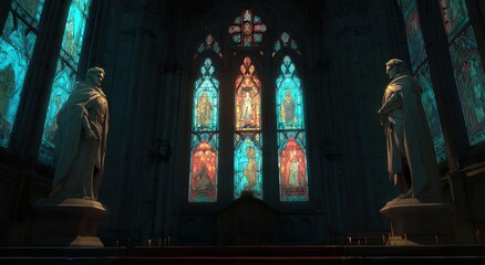 Pixelated Gothic Church Interior With Stained Glass Windows