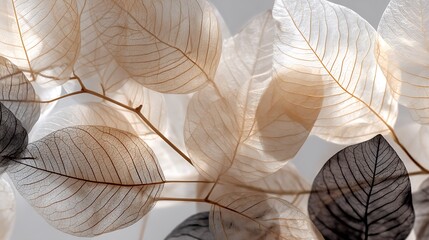 Close-Up of Translucent Skeleton Leaves Revealing Intricate Vein Patterns and Organic Texture with Subtle Light and Shadow Pla
