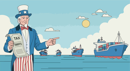 Illustration showing Uncle Sam holding a large tax bill labeled 'Tariffs' while pointing at cargo ships entering US ports