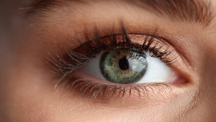 Fototapeta premium A captivating close-up reveals the intricate details of a human eye, showcasing its unique color and the delicate texture of the surrounding skin.