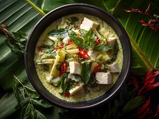 Savor the vibrant, aromatic flavors of authentic green curry bursting with fresh ingredients and creamy coconut milk, a delicious culinary delight.