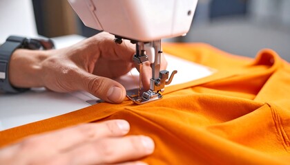 Close-up of hands sewing orange fabric