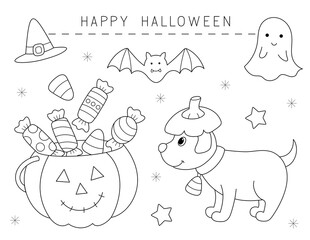 cute halloween coloring page with dog and pumpkin with candy. you can print it on 8.5x11 inch paper