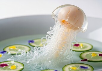 Naklejka premium Edible Jellyfish Art: Translucent Noodles & Cucumber Garnish in a Minimalist Aquatic Setting