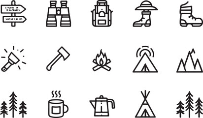 Camping adventure gear icons hiking outdoors