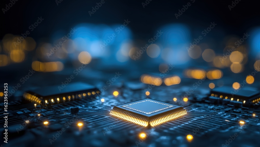 Poster a glowing central processing unit sits on a complex circuit board with blurred lights in the backgro