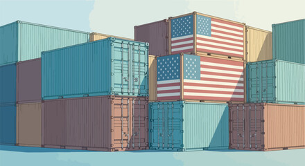 shipping containers stacked like a wall, with the US flag painted on them, symbolizing import tariffs and trade barriers.
