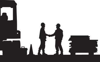 Construction workers shaking hands near forklift and materials handshake agreement