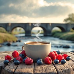 Cup of coffee and fresh berries on the rustic wooden table with the view of the river and stone bridge in the background 