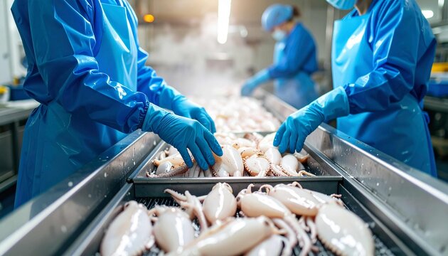 Factory workers in blue protective suits and gloves process fresh squid or similar seafood on a production line, emphasizing cleanliness, efficiency and quality in the processing i,chef preparing food - Powered by Adobe