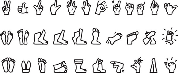 Diverse hand and foot gestures peace sign thumbs up