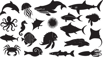 Diverse marine life silhouettes including dolphin whale shark octopus seahorse crab jellyfish stingray sea urchin and various fish species
