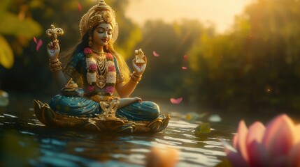 A peaceful scene of Goddess Saraswati depicted in a meditative pose in a cozy setting