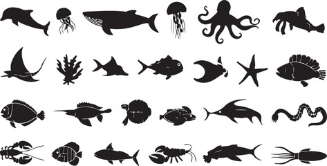 Diverse Marine Life Silhouettes dolphin jellyfish