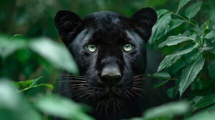 Stunning Black Panther Portrait with Intense Eyes Peeking Through Foliage