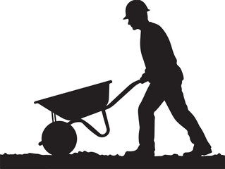 Silhouette worker pushing wheelbarrow on uneven ground construction