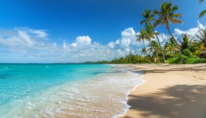 a tranquil beach with pristine blue waters and soft waves the sandy shore is dotted with seashells while distant palm trees sway under a sunny sky with scattered clouds